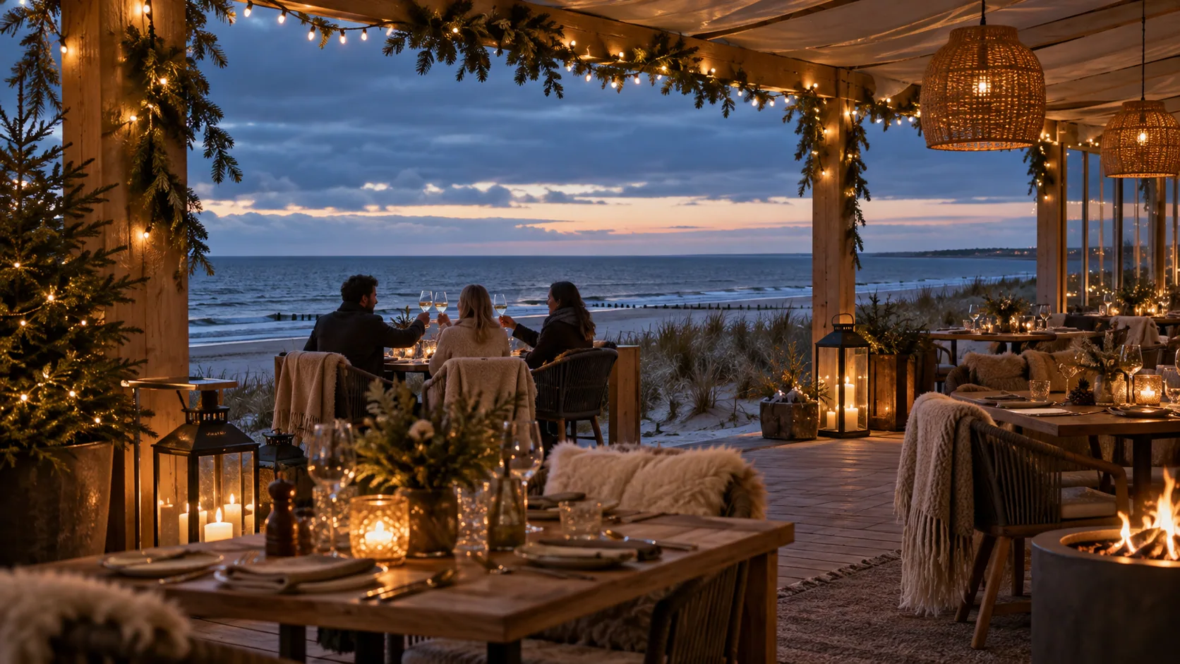 Weihnachtlich beleuchtete Seeterrasse am Ostseestrand